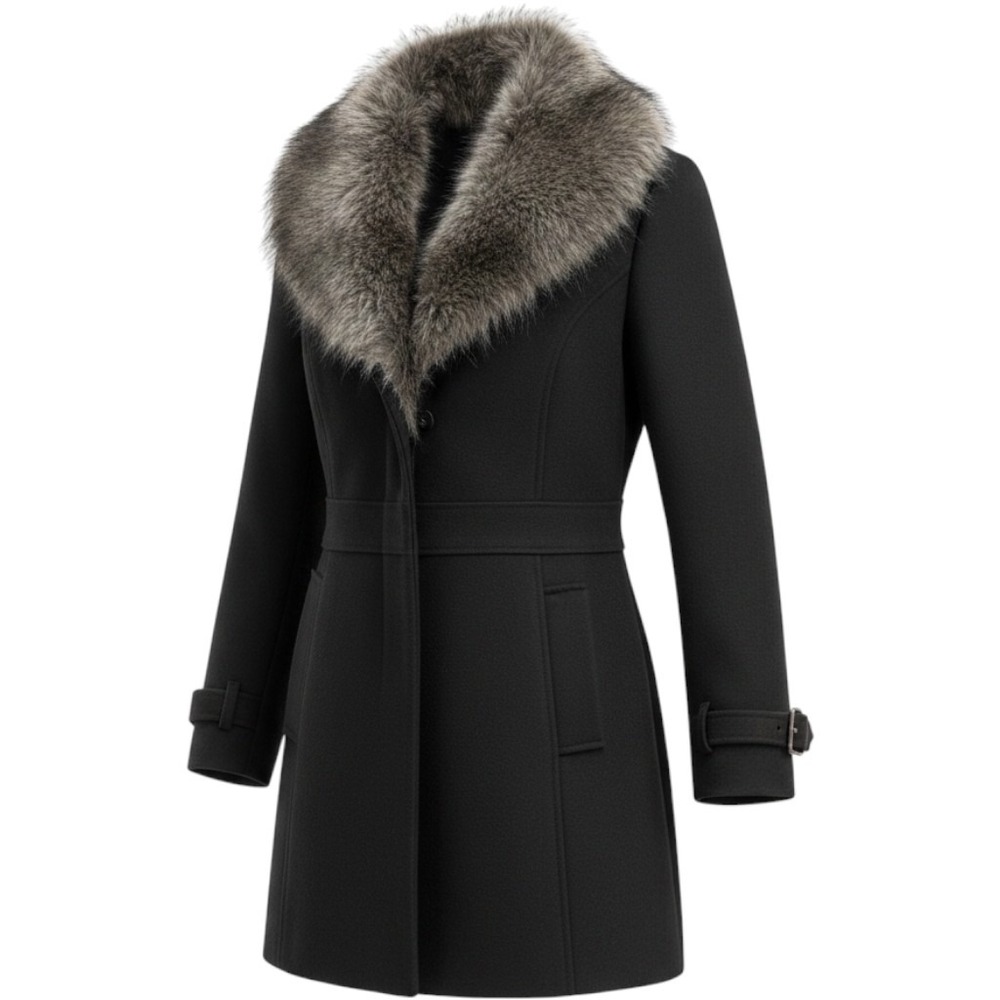 bebe Black Wool Faux Fur Collar Coat Jacket M Y2K Mob Wife Goth vintage